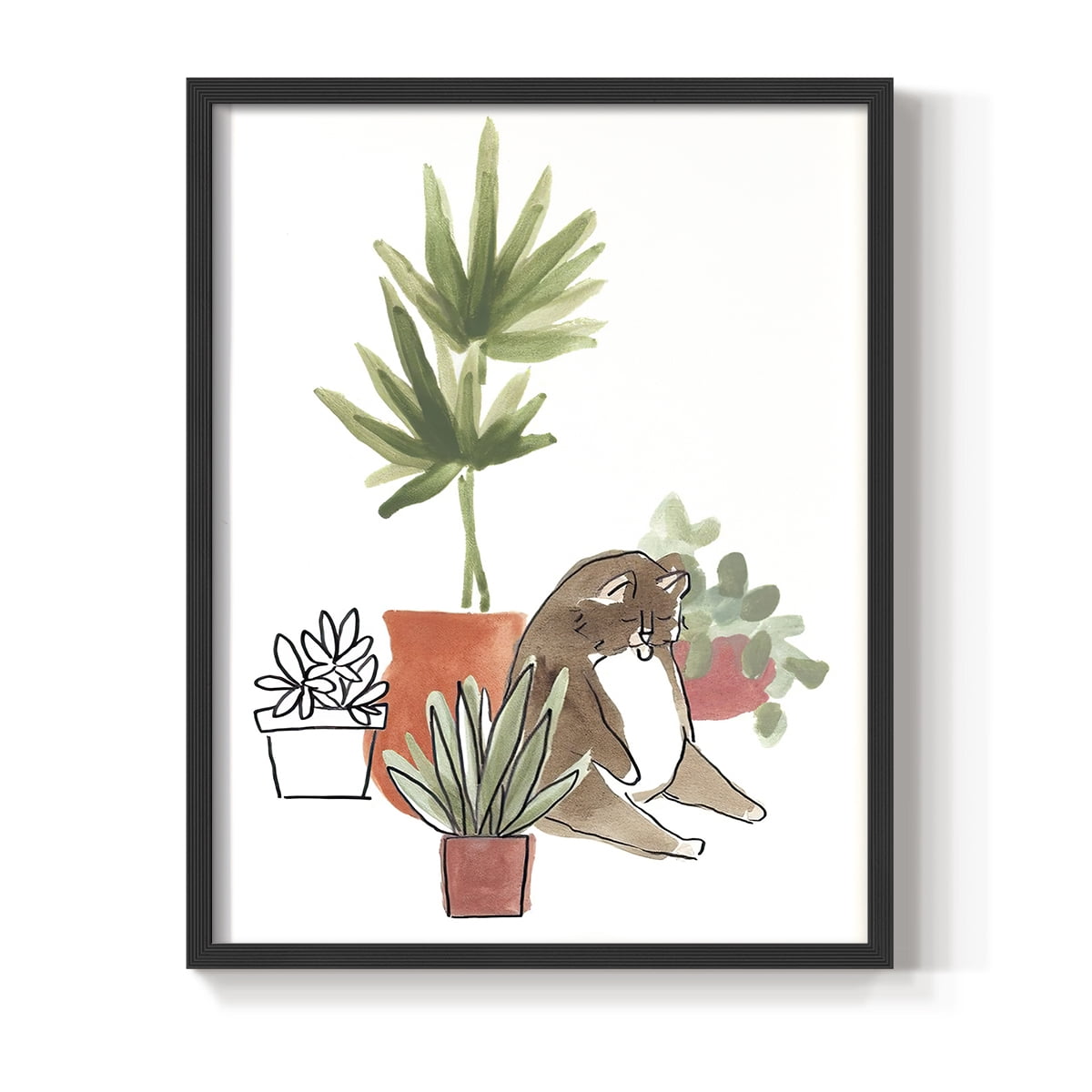 Purrfect Plants II Framed Print in Black Solid Wood Framed Print No Nail Hanging