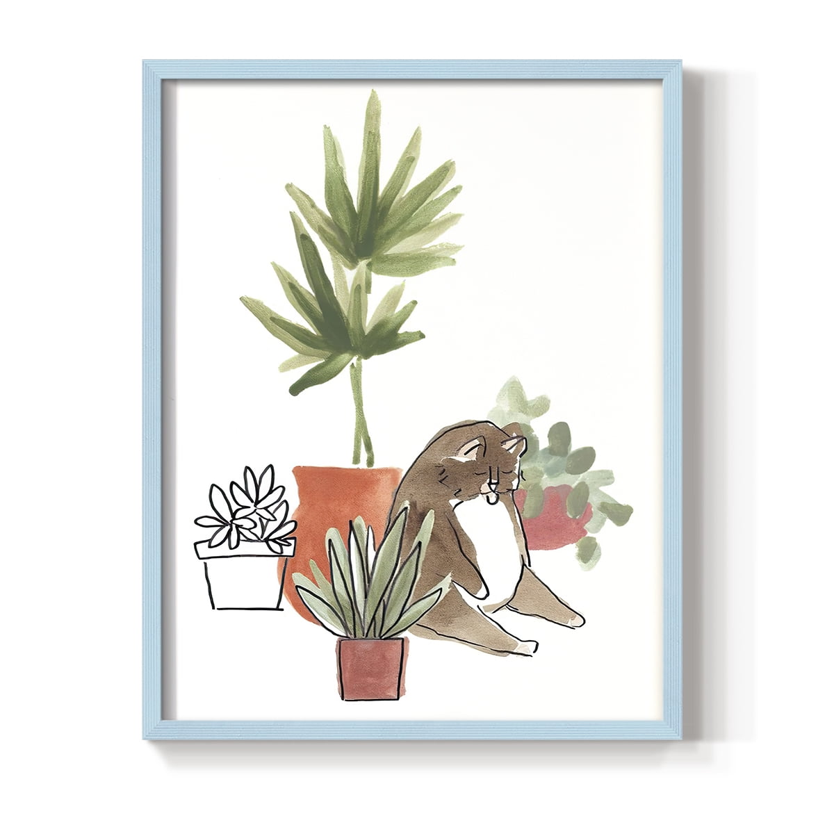 Purrfect Plants II Framed Print in Blue Solid Wood Framed Print No Nail Hanging