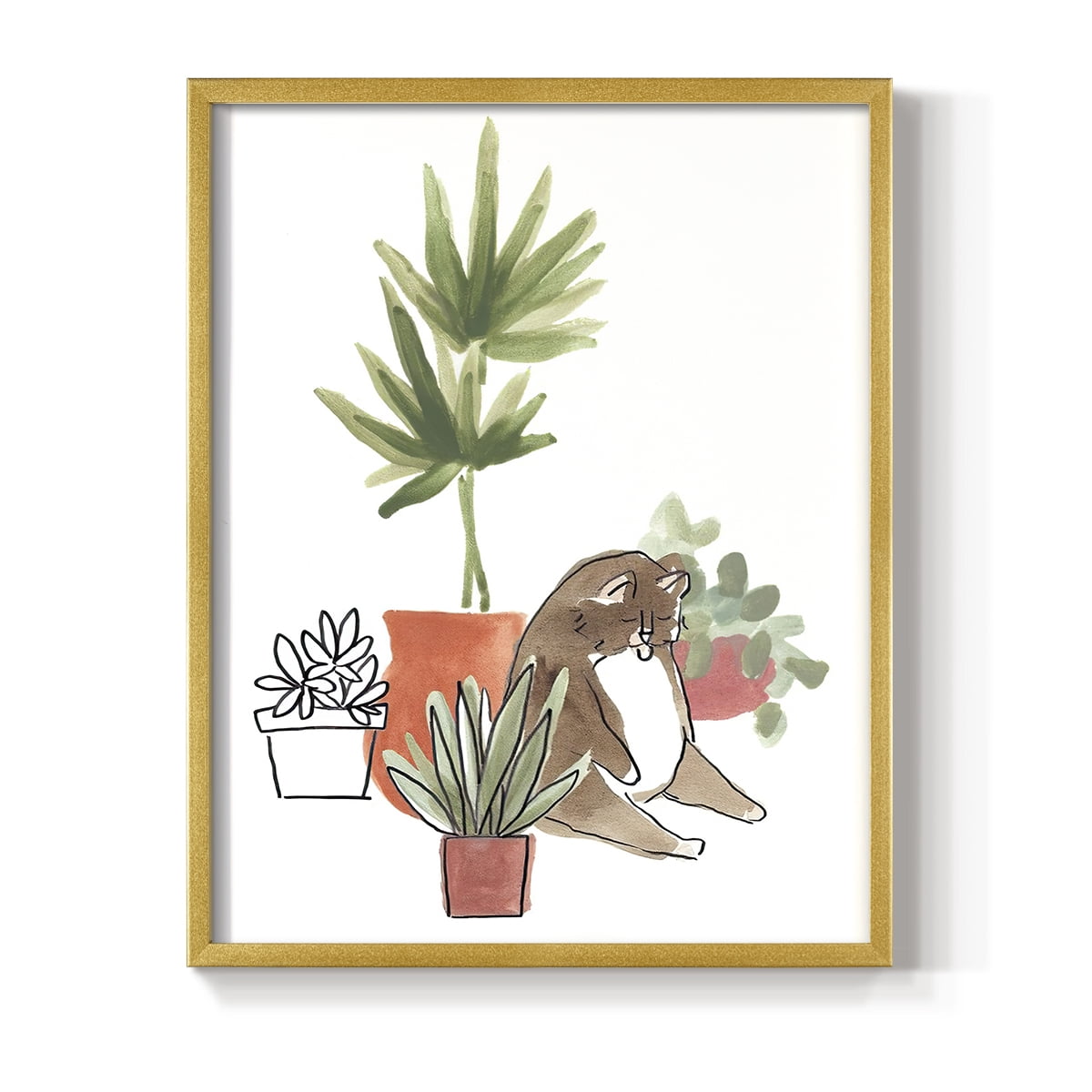 Purrfect Plants II Framed Print in Gold Solid Wood Framed Print No Nail Hanging