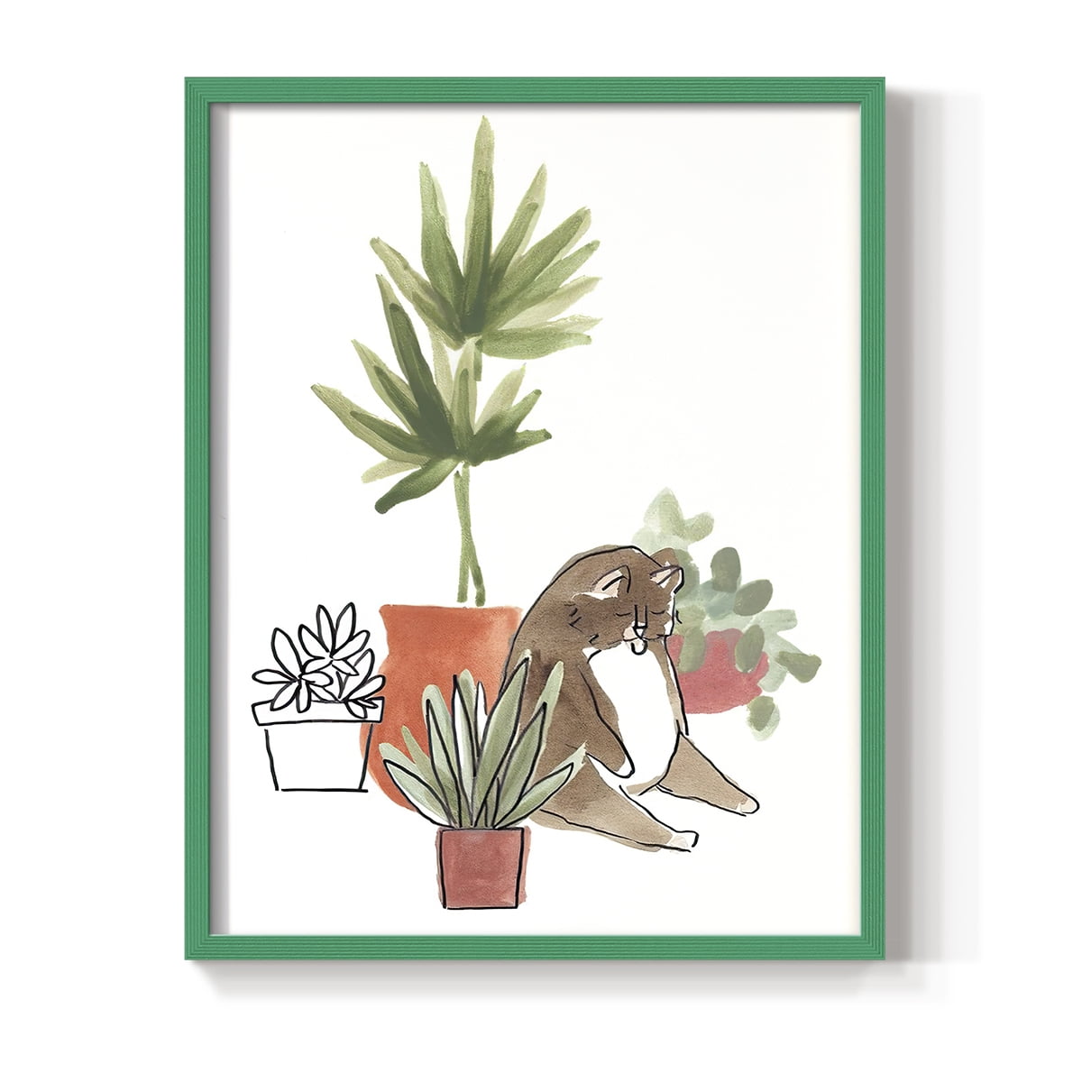 Purrfect Plants II Framed Print in Green Solid Wood Framed Print No Nail Hanging
