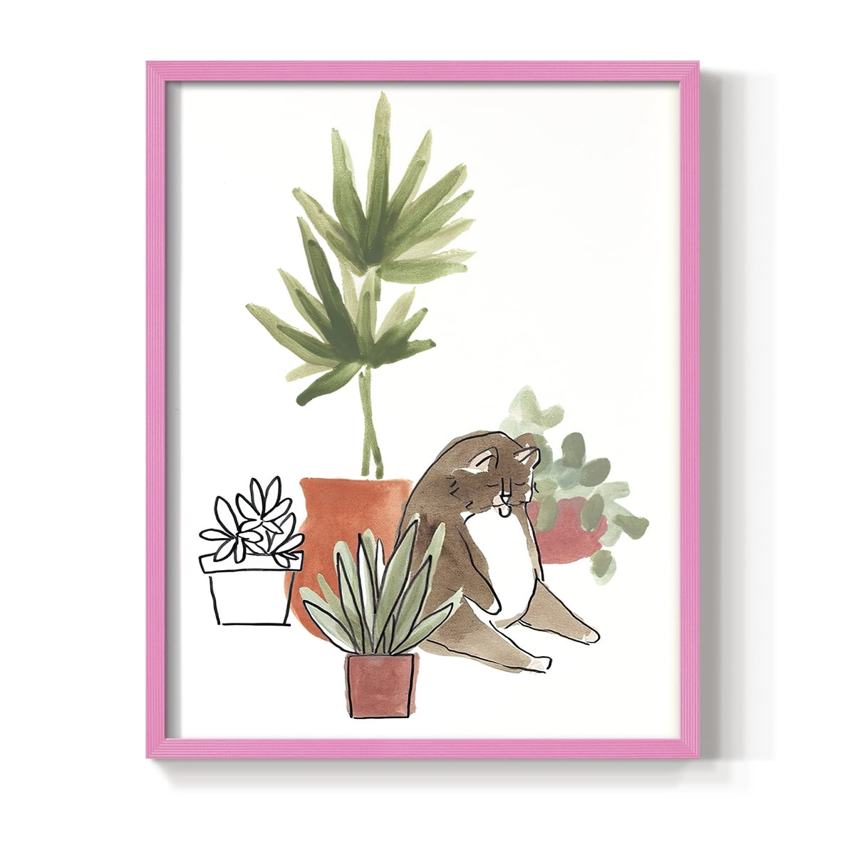 Purrfect Plants II Framed Print in Pink Solid Wood Framed Print No Nail Hanging