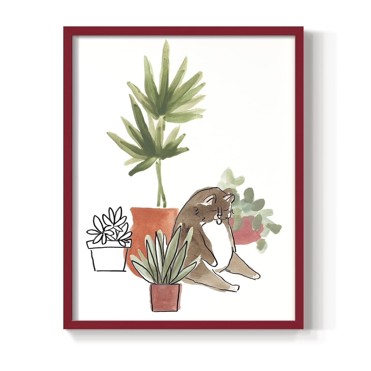 Purrfect Plants II Framed Print in Red Solid Wood Framed Print No Nail Hanging