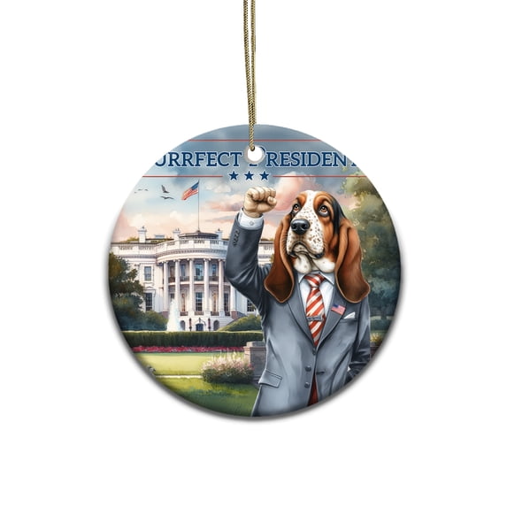 Purrfect President Basset Hound Raise Fist Fight Survived Election 2024 Ceramic Round Ornament Bassets Dog Breed Lovers Gifts Idea Home Tree Decor - 00013
