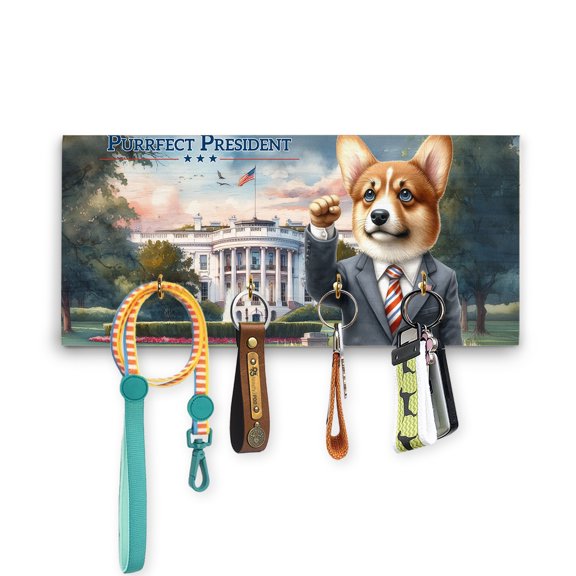 Purrfect President Corgi Raise Fist Fight Survived Election 2024 Wood Key Holder Welsh Corgi Dog Lover Gifts Idea Wall-mounted Key Rack Home Decor - 00013