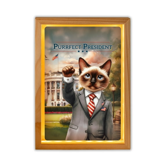 Purrfect President Siamese Raise Fist Fight Survived Election 2024 Acrylic Plaque with Wood Photo Frame Box Cat Lover Kitten Owner Gifts Light Box - 00013