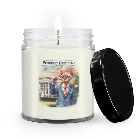 Purrfect President Sphynx Raise Fist Fight Survived Election 2024 Soy Wax Candle Cat Lover Kitten Owner Gifts Idea 9oz White Birch & Black Pepper Candle - 00013
