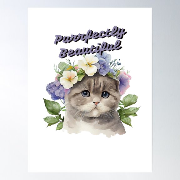 Purrfectly Beautiful Cat And Flowers Illustration Poster Wall Art, Modern Wall Decor, 8x12 UNFRAMED