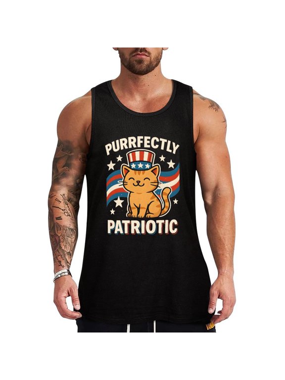 Purrfectly Patriotic Cat Men's Cotton Tank Top Sleeveless Muscle Shirt for Gym and Casual Wear XX-Large