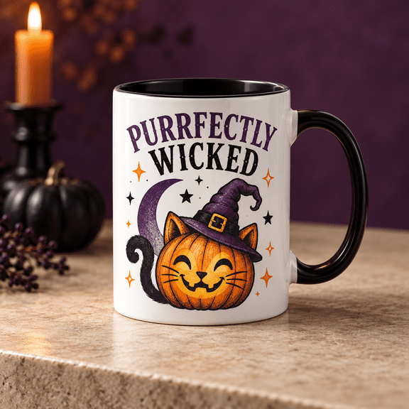 Purrfectly Wicked Pumpkin Cat Witch Ceramic Coffee Mug Halloween Gift