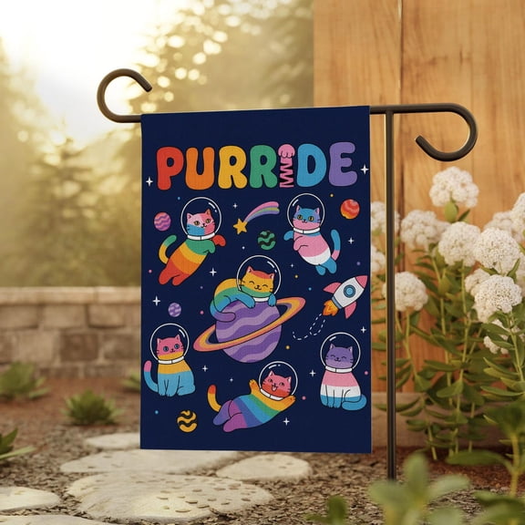 Purride Cats In Space Garden Flag, Rainbow Cats Shirt, LGBTQ Rainbow Kitten Yard Banner, LGBT Cats, LGBTQ Pride Outdoor Decor, Kindness Flag