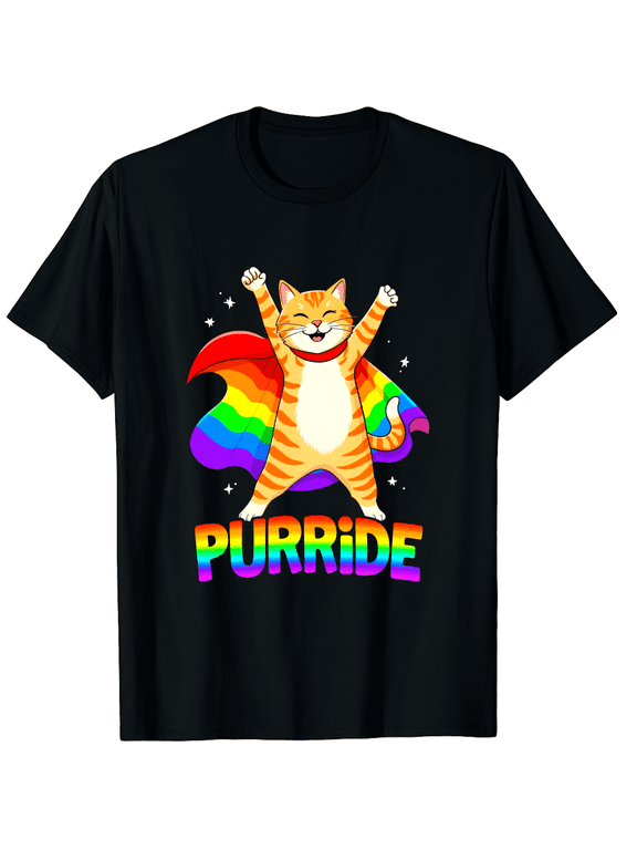 Purride Rainbow Striped Cat Stars Pride LGBTQ Unisex T-Shirt