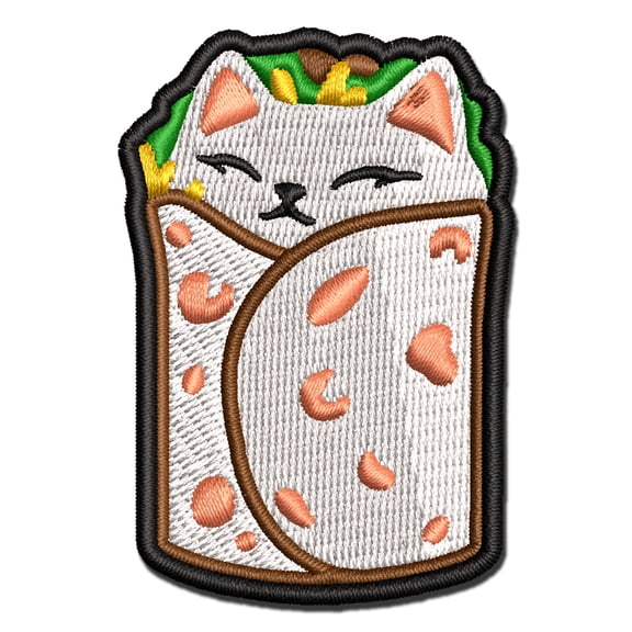 Purrito Cat Burrito Tortilla Wrap Applique Multi-Color Embroidered Iron-On Patch - 3.5 Inch Large