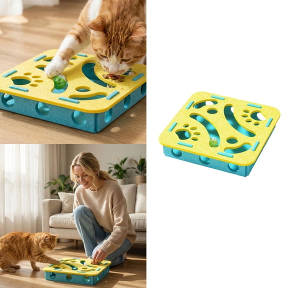 Purrpuzzle - Interactive Felt Cat Puzzle Toy for Indoor Cats, Quiet Scratch Enrichment Box with Bell Balls, Hunting Instinct Training Toy,Yellow,1pcs