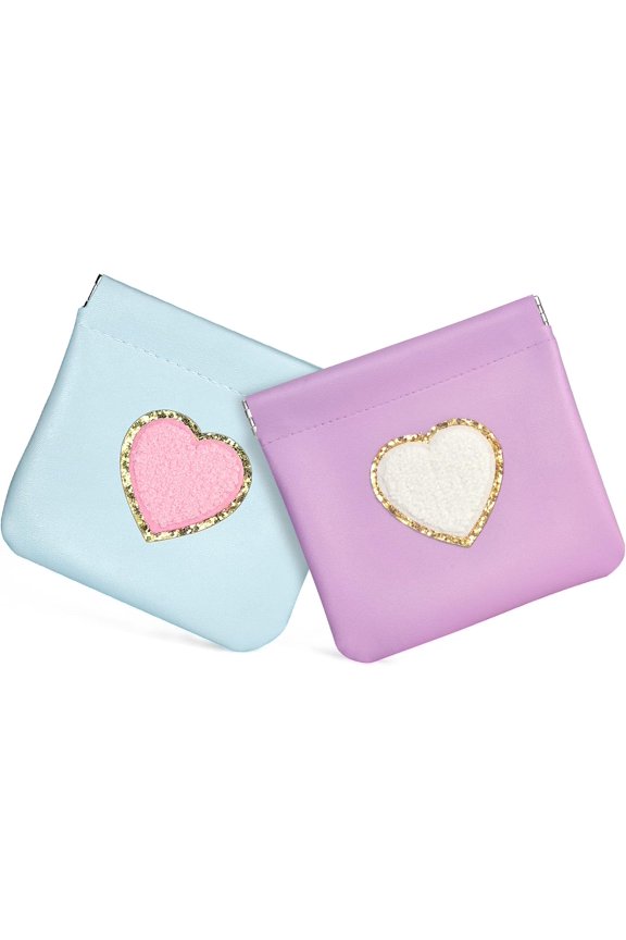 Purse 2 Pack Change Purses Small PU Leather Bag Pocket Heart Makeup Organizer Cute Portable Travel Case for Women (Blue + Purple)