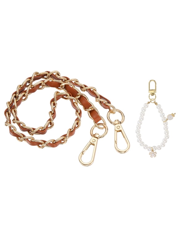 Purse Chain Strap, 23.6 Inch PU Leather Chain Flat Purse Handles Replacement DIY Chain Strap with Pearl Pendant for Handbag Shoulder Bag Totes, Light Brown