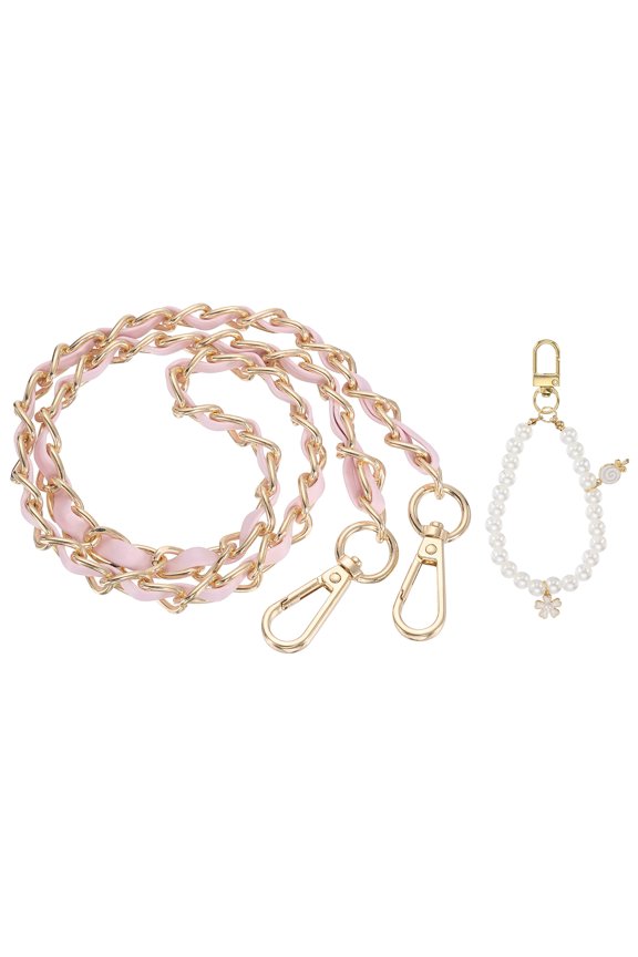 Purse Chain Strap, 31.5 Inch PU Leather Chain Flat Purse Handles Replacement DIY Chain Strap with Pearl Pendant for Handbag Shoulder Bag Totes, Pink