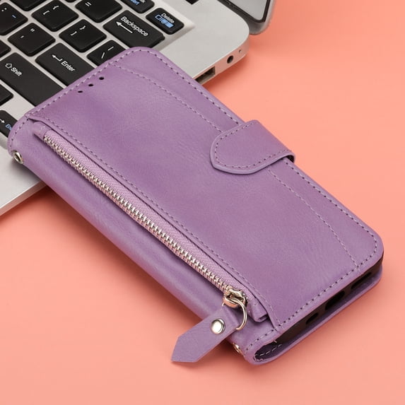 Purse Cover for iPhone XS/X, Zipper Design Shock-Absorbtion Folio Cover, with Kickstand Card Slots Magnetic Wrist Strap Flip Case for iPhone XS/X (5.8 Inch),Purple