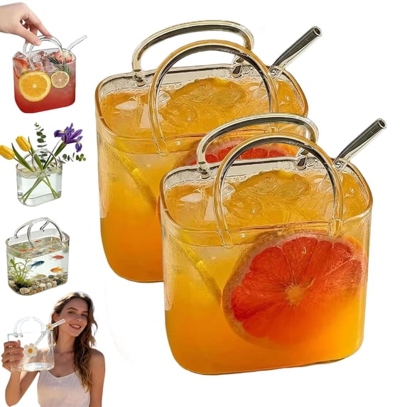 Purse Drinking Glass 26 oz Handbag Shaped Decorative Glass with Straw for Juice Tea Cocktails