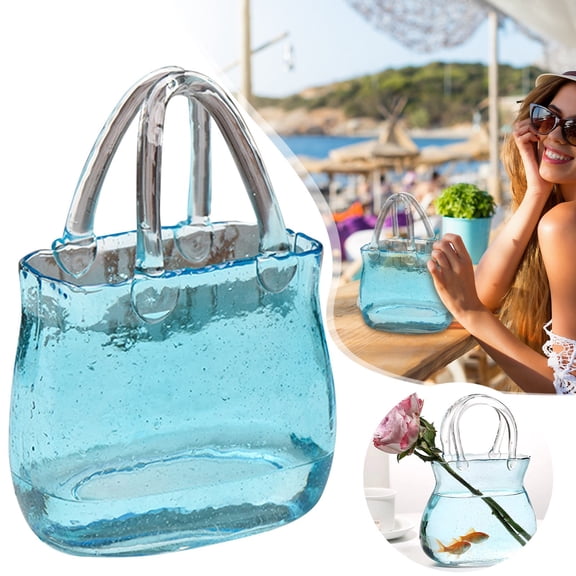 Purse Drinking Glass, Glass Purse for Drinks Wine Glasses with Decorative Fish Bowl Vase, Handbag Vases for Cute Room Decor for Juice Tea Flowers, Sky Blue