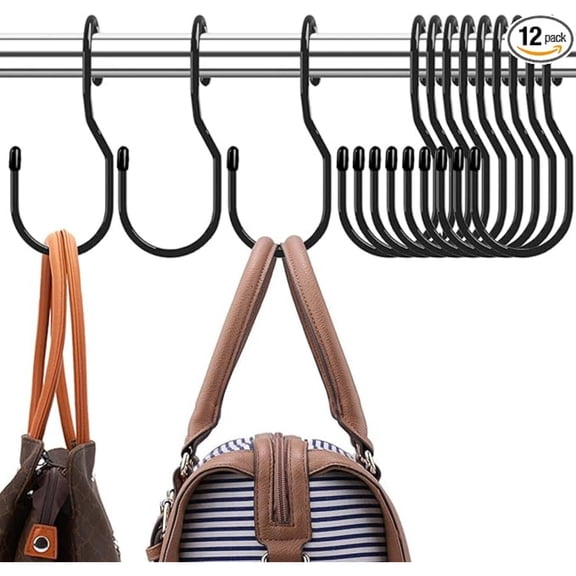 Purse Hanger for Closet, Unique Twist Design Bag Hanger Purse Hooks, 5 inch Large Size Closet Rod Hooks for Hanging Bags, Purses, Handbags, Belts, Scarves, Hats,Clothes, Pans and Pots (12 Pack Black)