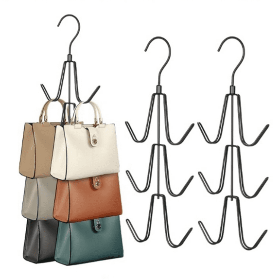 Purse Hanger Organizer for Closet, 2-Pack Handbag Organizer Hanger, 360°Swivel Metal Purse Hooks, Bag Rack, Belt Organizer, Tie Rack, Scarf Hanger, Bag Storage Organizer, Black