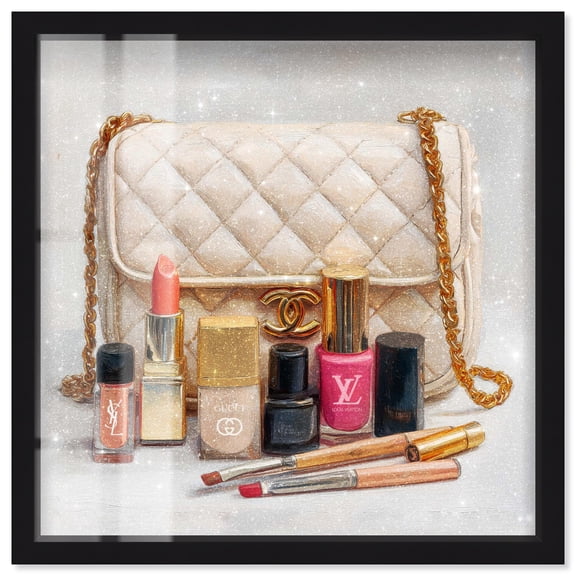 Purse Makeup Assortment Shadowbox Print Fashion Wall Art by Art Remedy, Black Frame, 16 x 16