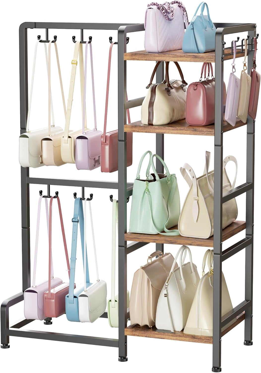 Purses Rack Rotable Purse Organizer, 4-Tier Purse Rack Stand with 12 Fixed Hooks & 3 Side ...