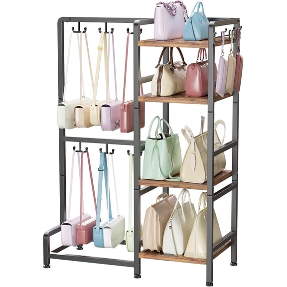 Purse Organizer, 4-Tier Purse Rack Stand with 12 Fixed Hooks & 3 Side Hooks, Bag Organization Closet for Women, Purse Shelf Organizer, Floor Standing Storage for Purses, Handbags, Backpacks
