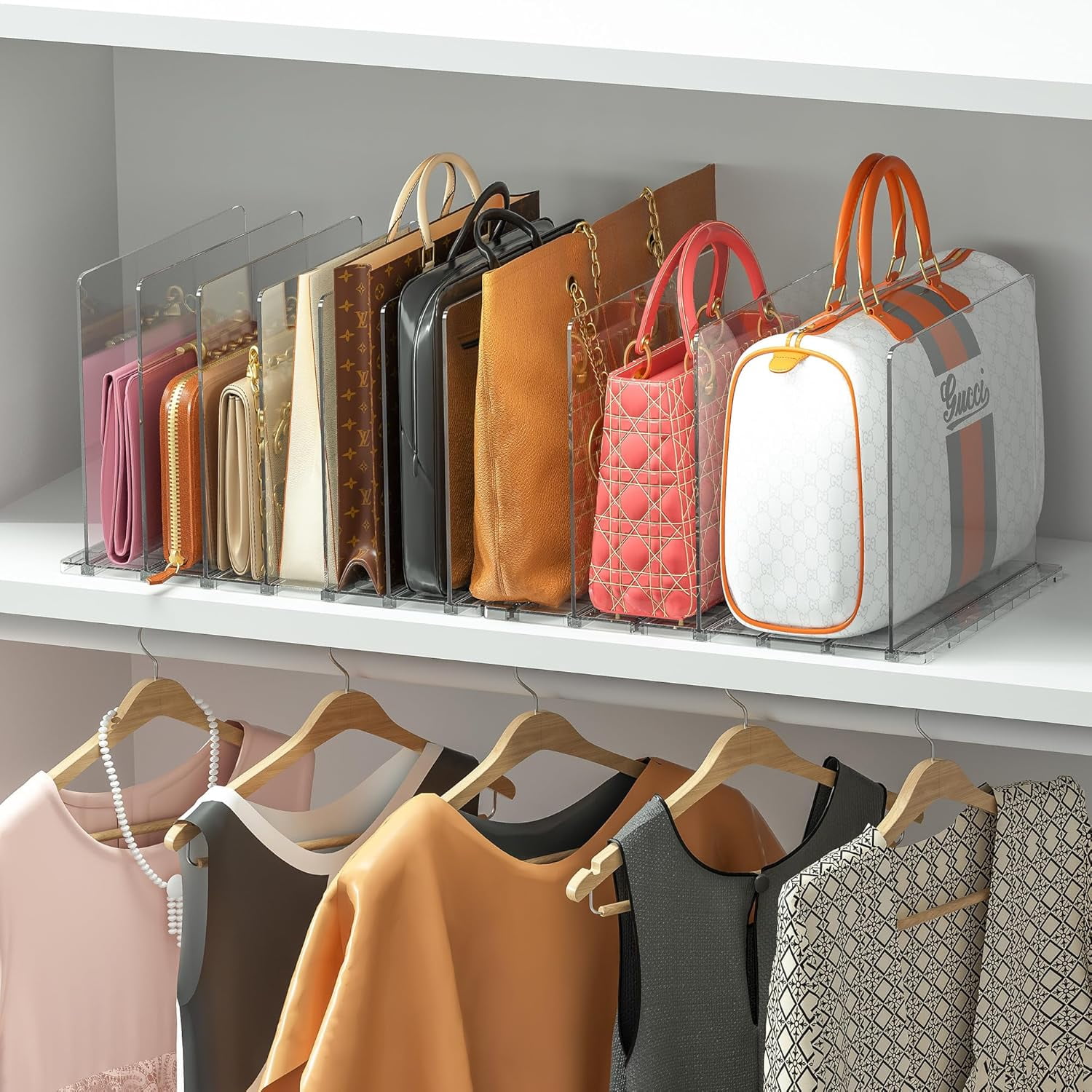 Purse Organizer for Closet with 10 Dividers, Adjustable Acrylic Clear ...