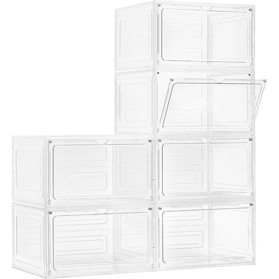 Purse Organizer For Closet 6 Pack Stackable Storage Bins With Lids Clear Plastic Handbag Organizer Purse Storage With Magnetic Door Display Case For Cosmetic Hats, Clear White