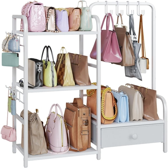 Purse Organizer for Closet, with Bottom Drawer, Extra Large Capacity 3 Tier Handbag Storage Rack for Women, 10 Purse Hanger and Hooks for Bag Organizer, Floor-Standing, Home, Living Room (White)