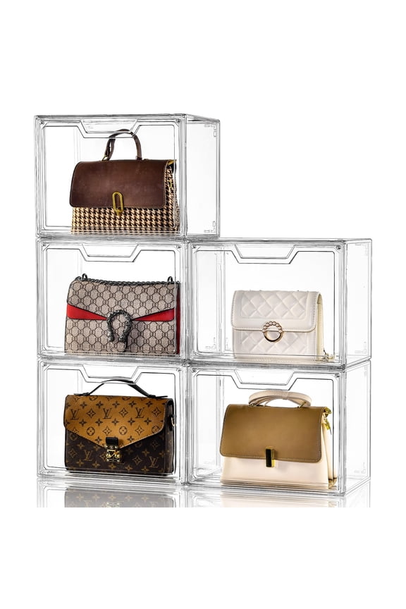 Purse Organizer for Closet,Clear Acrylic Display Case for Handbag Organizer, Purse Storage Box with Magnetic Door, Plastic Storage Bins for Book, Collectibles, Cosmetic (5 Pack) A101