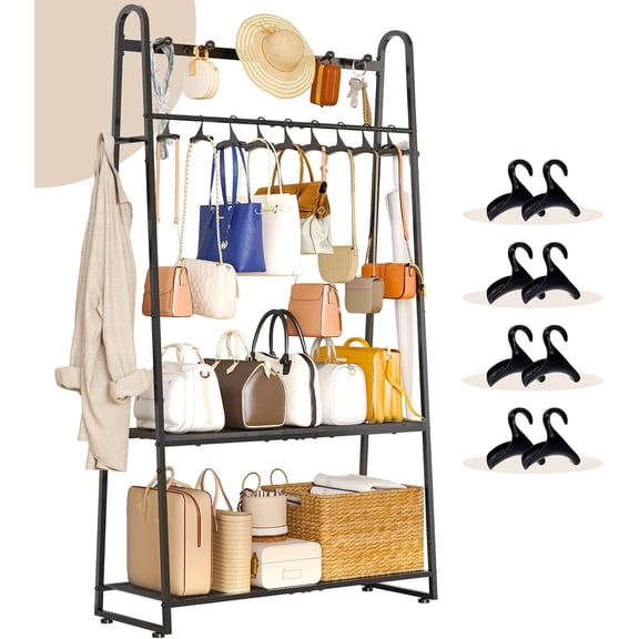 Purse Organizer for Closet, Heavy Duty Coat Rack freestanding for Entryway, Oversized Bag Shelf, Purse Holder for Hanging Strap Handbags, Clothing, Ideal Storage for Small Space Solution