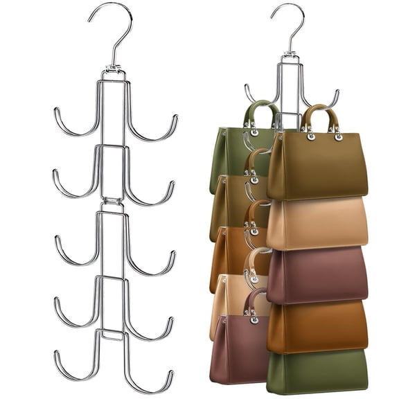 Purse Organizer for Closet, Metal Purse Hanger with 10 Large Hooks, 360 Degree Rotation for Display and Organizer, Collapsible Space Saving Hangers Rack for Handbag, Scarf, Belt, Tie