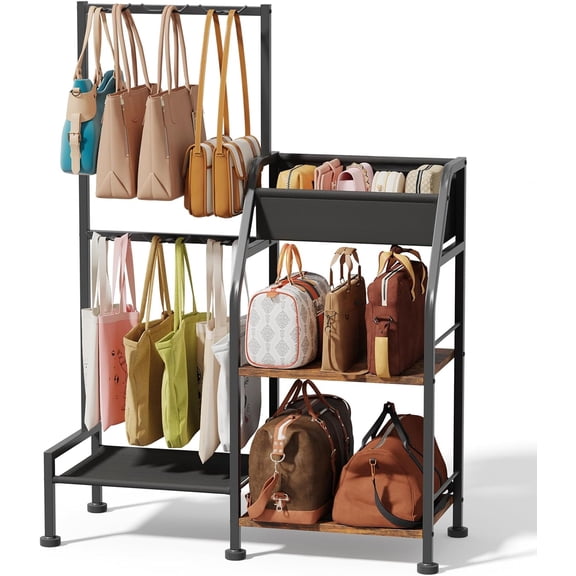 Purse Organizer for Closet - Purse Rack Stand with 12 Hooks, 2 Wooden Shelves Purse Storage for Closet, Large Capacity Backpack Storage, Handbag Organizer for Home, Living Room, Black