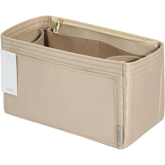 Purse Organizer Insert For Handbags, Silky Touching Bag Organizer Insert With Bottle Holder, Perfect for Speedy, Tote, Artsy, Handbag and More (Mini, Silky Beige)