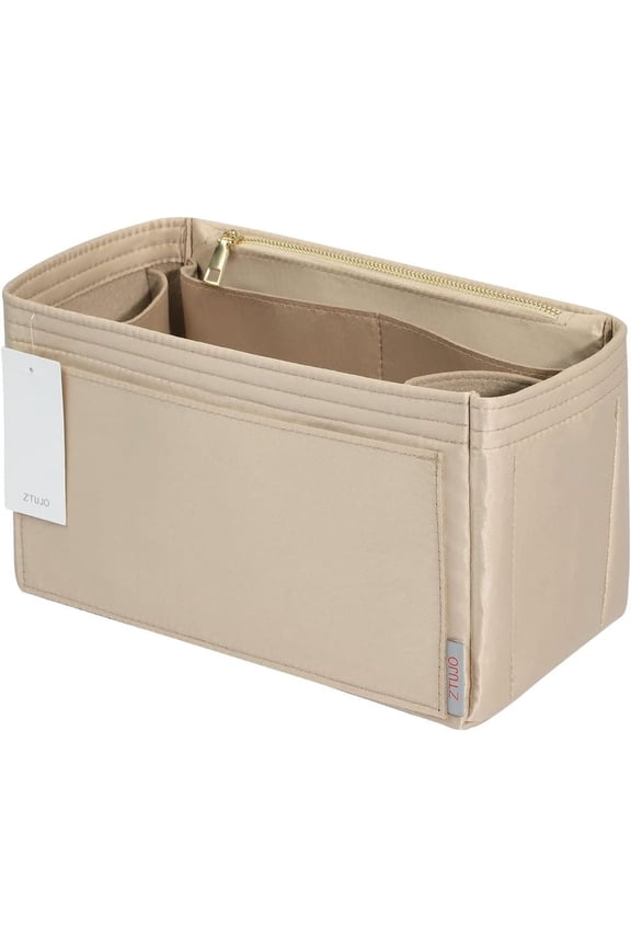 Purse Organizer Insert For Handbags, Silky Touching Bag Organizer Insert With Bottle Holder, Perfect for Speedy, Tote, Artsy, Handbag and More (Mini, Silky Beige)