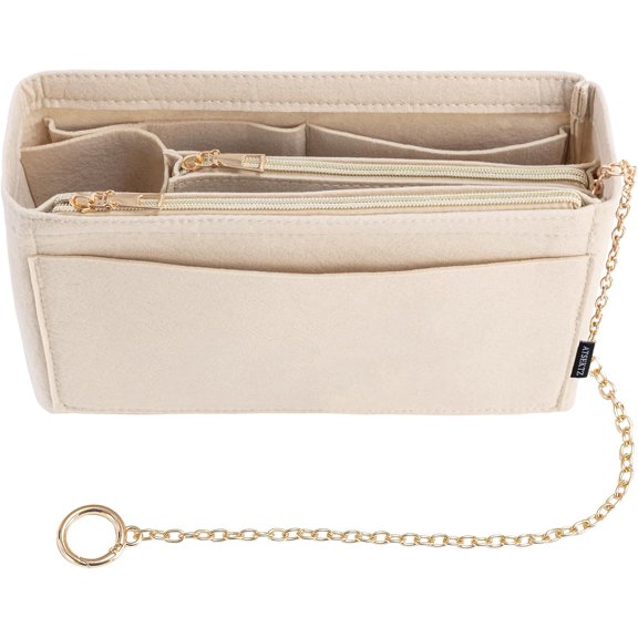 Purse Organizer Insert, Handbag Organizer with Zipper, Tote Shaper with Cup Holder & Keychain, Compatible with LV, Neverfull, MK, COACH, Longchamp, Kate Spade– Beige-Sl. Med