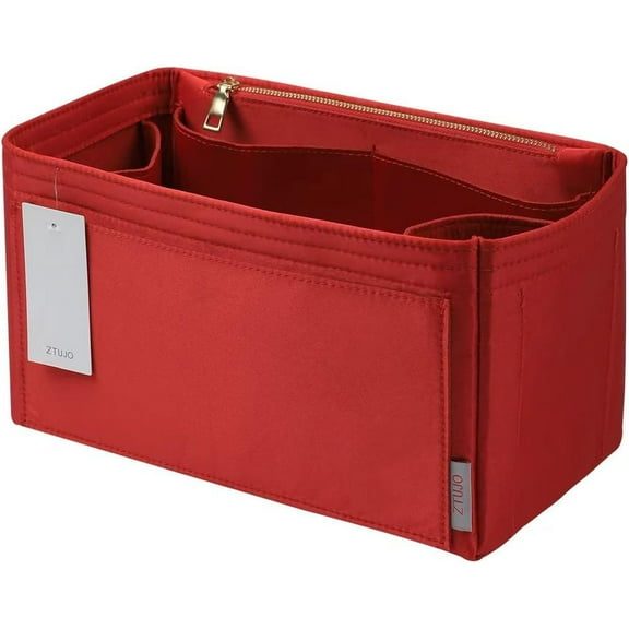 Purse Organizer Insert For Handbags, Silky Touching Bag Organizer Insert With Bottle Holder, Perfect for Speedy, Neverfull, Tote, ONTHEGO, Artsy, Handbag and More (Mini, Silky Red)