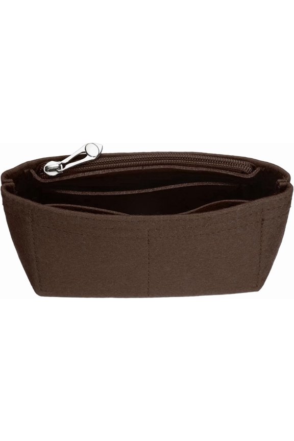 Purse Organizer Insert, Small Felt Handbag Mini Bag Storage & Finishing Inner Liner with Zipper for Chic Backpack Tote Shoulder Bags, Brown