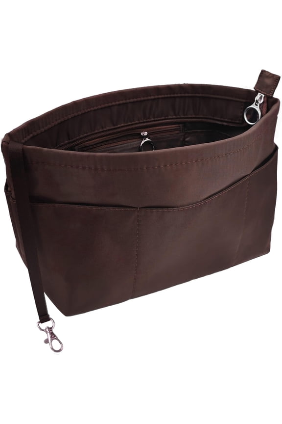 Purse Organizer Insert Tote Handbag Organizer Divider Bag in Bag Shaper Liner Multi Pockets Compartments Zippers Key Chain Medium Coffee