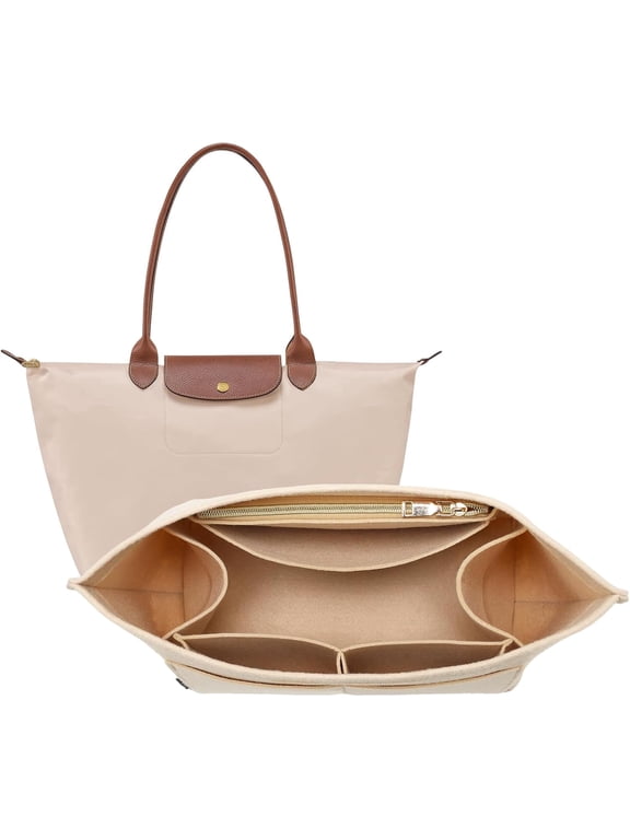 Purse Organizer Insert for Longchamp Le Pliage, Premium Felt Long Champ Bag Handbag Women, Tote Organizer Insert with 9 Compartments (Large, Beige)