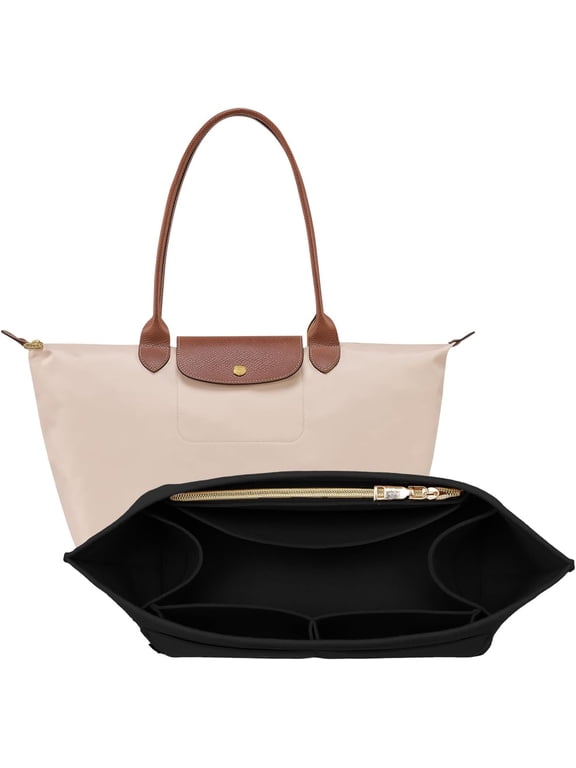 Purse Organizer Insert for Longchamp Le Pliage, Premium Felt Long Champ Bag Handbag Women, Tote Organizer Insert with 9 Compartments (Large, Black)