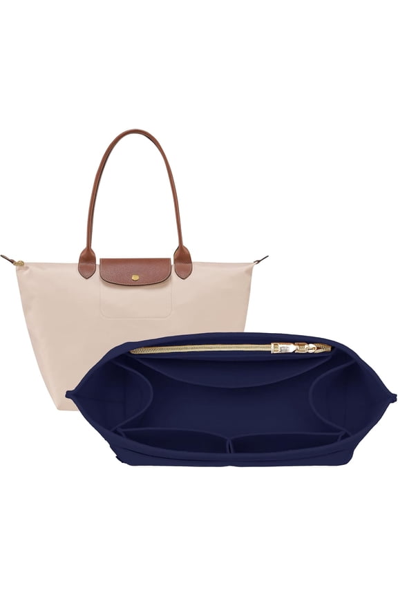 Purse Organizer Insert for Longchamp Le Pliage, Premium Felt Long Champ Bag Handbag Women, Tote Organizer Insert with 9 Compartments (Large, Navy)