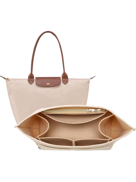 Purse Organizer Insert for Longchamp Le Pliage, Premium Felt Long Champ Bag Handbag Women, Tote Organizer Insert with 9 Compartments (Medium, Beige)