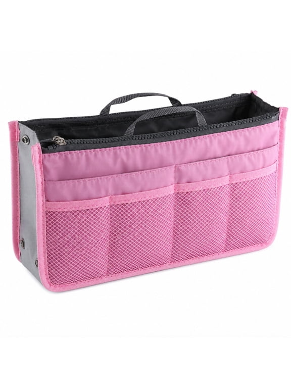 Purse Organizer Insert with Zipper and Handles, 13 Pocket Handbag Tote Bag Organizer Liner, Pink, TIKA