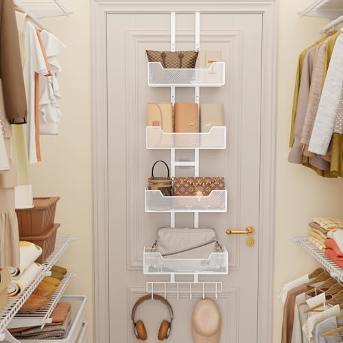Purse Organizer Over the Door,Adjustable Metal Purse Holder Handbag with 5 Hooks, Purse Organizer for Closet, Bathroom Door Organizer,White