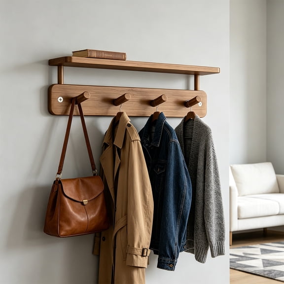 Purse Shelf, Wall Coat Rack With Shelf, 15.75x6.69x1.97 Inch Brown Wood Entryway Hanger With Hooks, Wall Mounted Hook Rack With Shelf For Bags