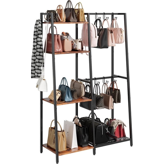Purse Storage Organizer for Closet, 4-Tier Iron Wood Purse Rack, 8 Purse Hooks & 2 Side Hooks for Bag Organizer, Large Capacity Handbag Storage Rack for Home, Living Room