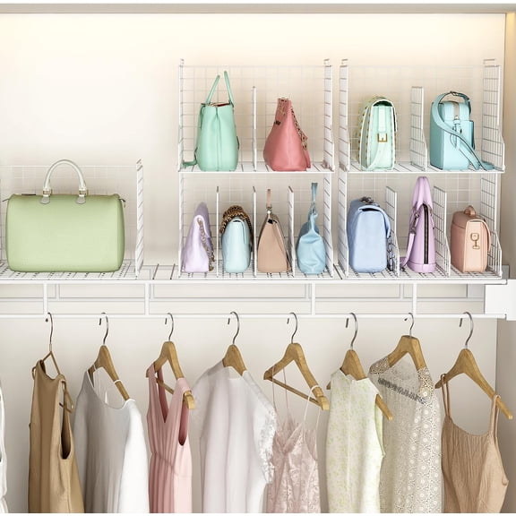 Purse Storage Organizer for Closet : Adjustable 2-Pack Dividers Handbag Organizer - Stackable Wire Handbags Storage Baskets -Open Cabinets Wallets Tote Chain Bags Clutches -White